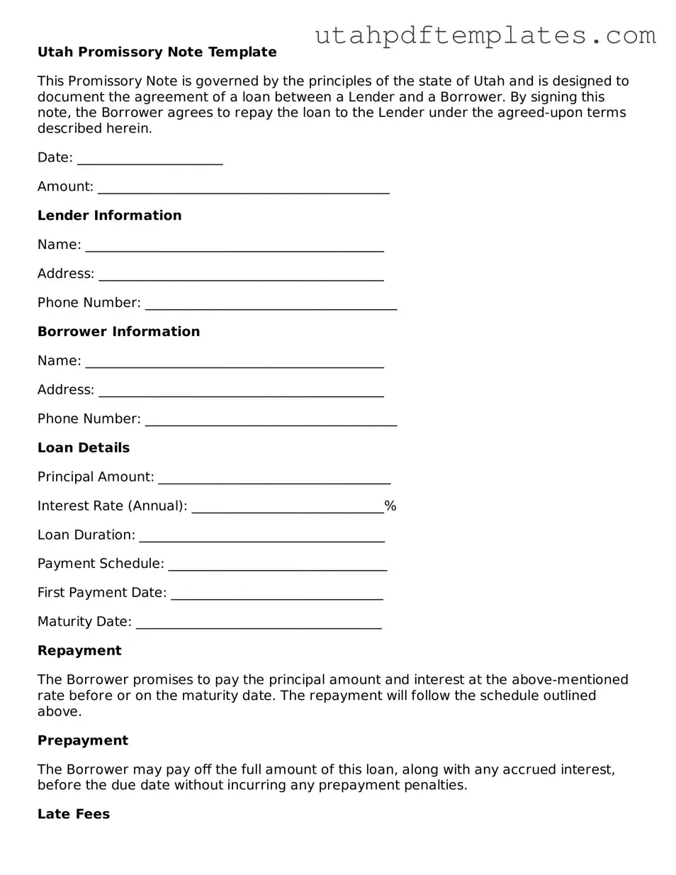 Fillable Promissory Note Form for Utah State