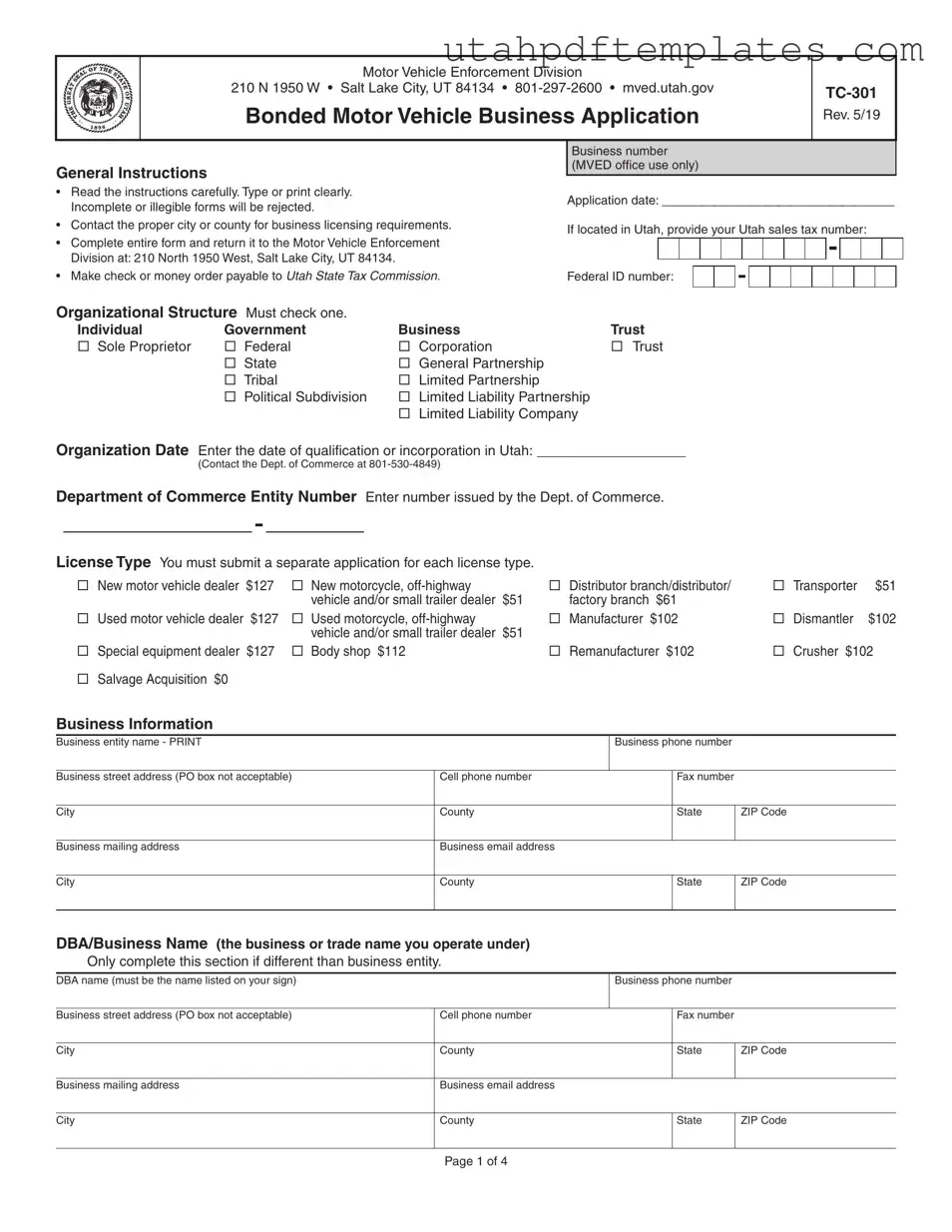 Fill in Your Utah Tc 301 Form