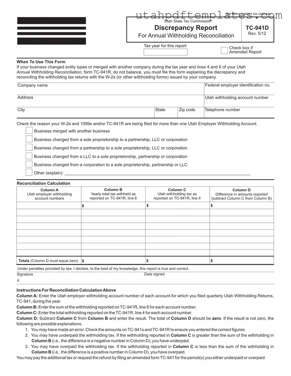 Fill in Your Utah Tc 941D Form