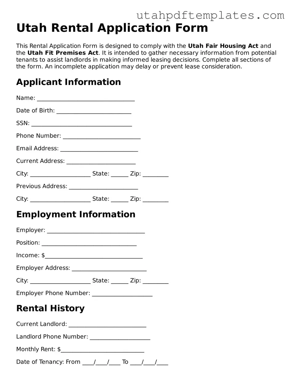 Fillable Rental Application Form for Utah State