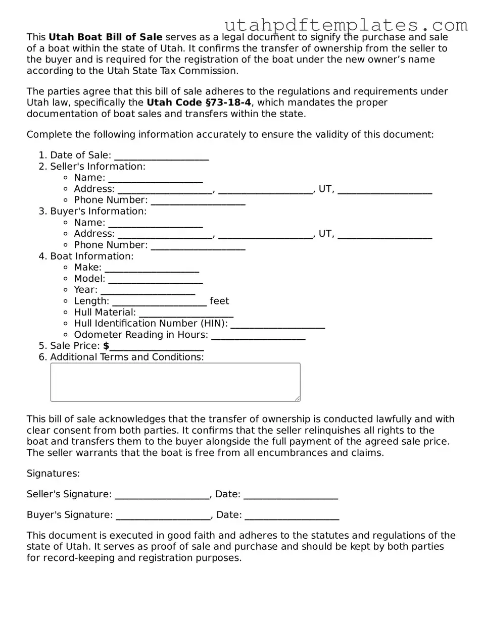 Fillable Boat Bill of Sale Form for Utah State
