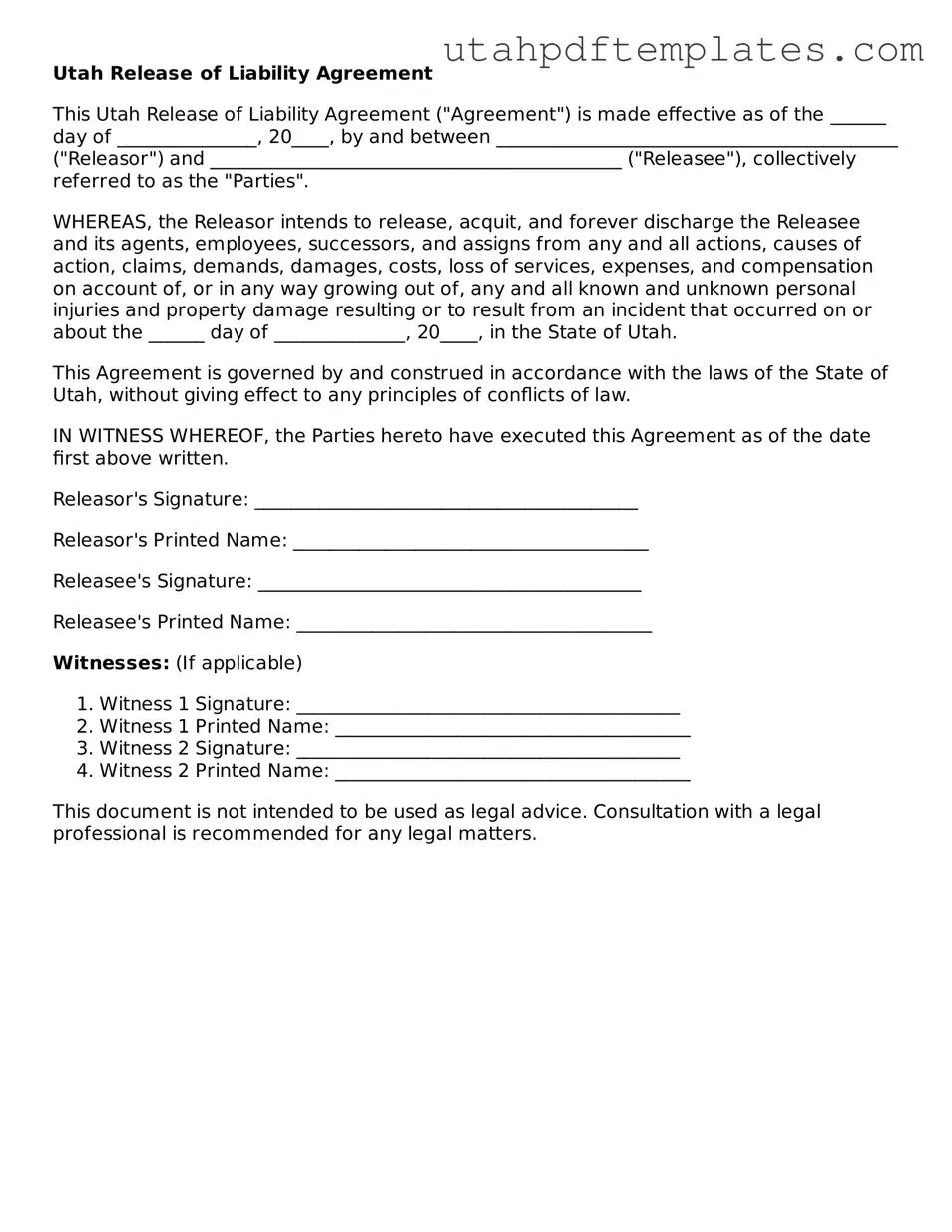 Fillable Release of Liability Form for Utah State